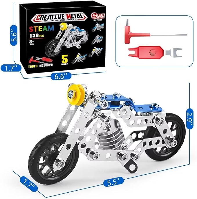 Ferthor Fun Creative Set Motorcycle,Stem Building Projects Toys for Kids 8 9 10 11 12+ Year Old,Metal Building Construction Model kit, 5 in 1 Motobike Building Blocks Steam Educational Toys(139PCS)