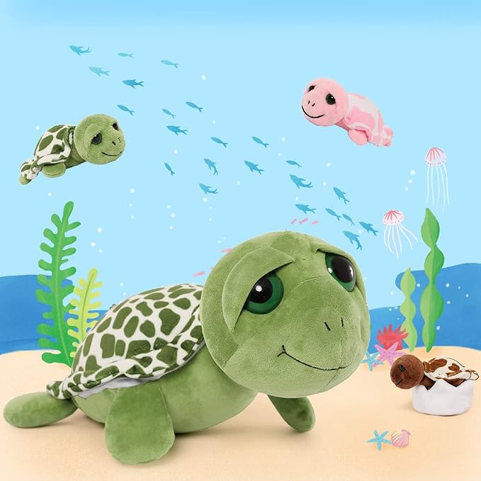 6Pcs Turtle Stuffed Animals with 3 Baby Turtles & 2 Eggs,14" Sea Turtle Plush Pillow Toy with with Zipper Belly, Nesting Ocean Animal Toy for Kids, Birthday Christmas