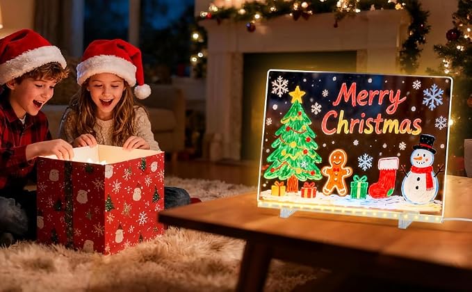 LED Drawing Board for Kids - 17" Flicker-Free Glow Doodle Drawing Pad with 11-Color Light Modes, Soft Light Dry Erase Note Board with Stand, Hanging Chain, 12 Markers, Gifts for Kids (2 PCS)