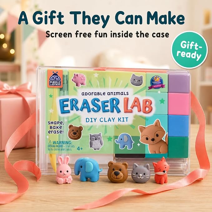 DIY Clay Cute Mini Eraser Kit for Kids - Birthday Gifts for 4 5 6 7 8 9 10 11 12 Girls & Boys - Students Desk Pet Animals Make Your Own Erasers Kit, Arts and Crafts for Kids Ages 8-12 4-8