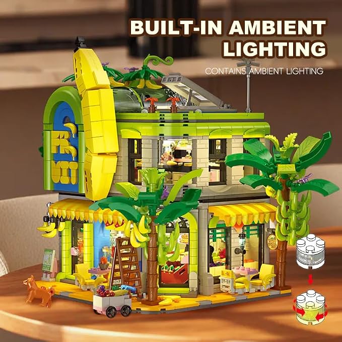 Banana Shop Building Blocks, MOC Creative Fruit Store Architecture Toy Set with LED Light, STEM Construction Toy Gift Idea for Adults & Teens(2165 PCS)