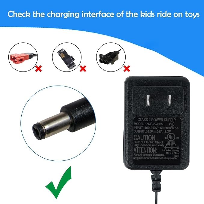 24V Charger for Kids Ride On Toys Car, 24 Volt Battery Charger for Jeep Wrangler SUV Quad ATV, Compatible with Kid Trax Dynacraft Disney Electric Ride-Ons
