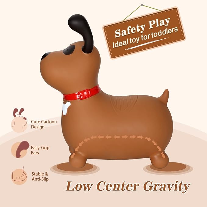 INPANY Bouncy Brown Dog Horse Hopper for Toddlers - Bouncing Horse Hopper, Ride on Animal Toys for Girls Boys, Inflatable Riding Gifts- (Include Pump)
