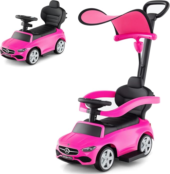 OLAKIDS Push Car for Toddlers, 3 in 1 Licensed Mercedes Benz Baby Sliding Walking with Parent Control Handle Adjustable Canopy Guardrail Under Seat Storage, Kids Ride on Toys with Horn (Pink)