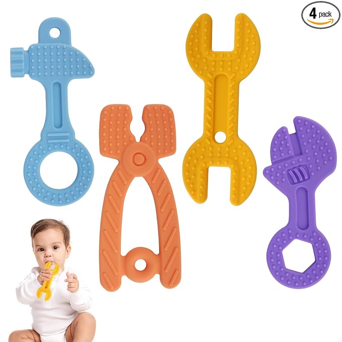 Yinghezu 4 Pack Chew Baby Teething Toys for 0-12 Months, Freezable BPA Free Silicone Baby Molar Teether Chew Toys, Hammer Wrench Spanner Pliers Shape Baby Girl's Boy Car Seat Toy