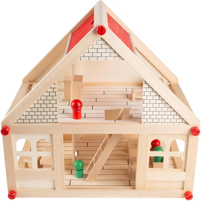 HEY! PLAY! Dollhouse for Kids – Classic Pretend Play 2 Story Wood Playset with Furniture Accessories and Dolls for Toddlers, Boys and Girls