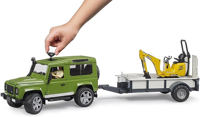 Bruder Land Rover Defender Rigid Drawbar Trailer Jcb Micro Excavator and Construction Worker