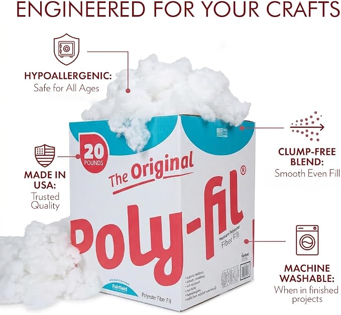 Fairfield The Original Poly-Fil, Premium Polyester Fiber Fill, Soft Pillow Stuffing, Stuffing for Stuffed Animals, Toys, Cloud Decorations, and More, Machine-Washable Poly-Fil Fiber Fill, 20 lbs. Box
