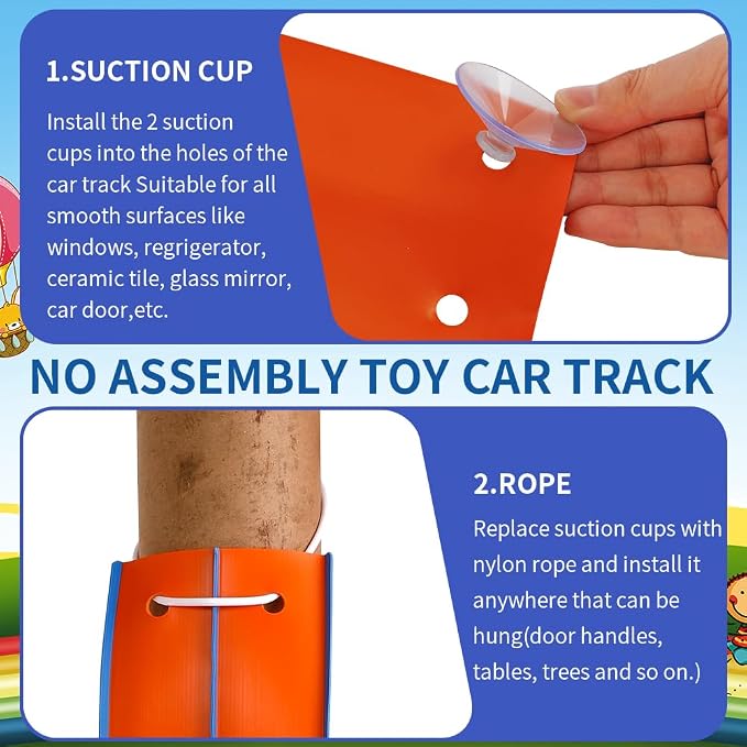 Flexible Race Car Track 15 Ft Starter Set for Kids Age 3+, Rolls Up Portable Flex Track Compatible with Diecast 1/64th Cars, Long Kids Car Ramp Toy with Suction Cups