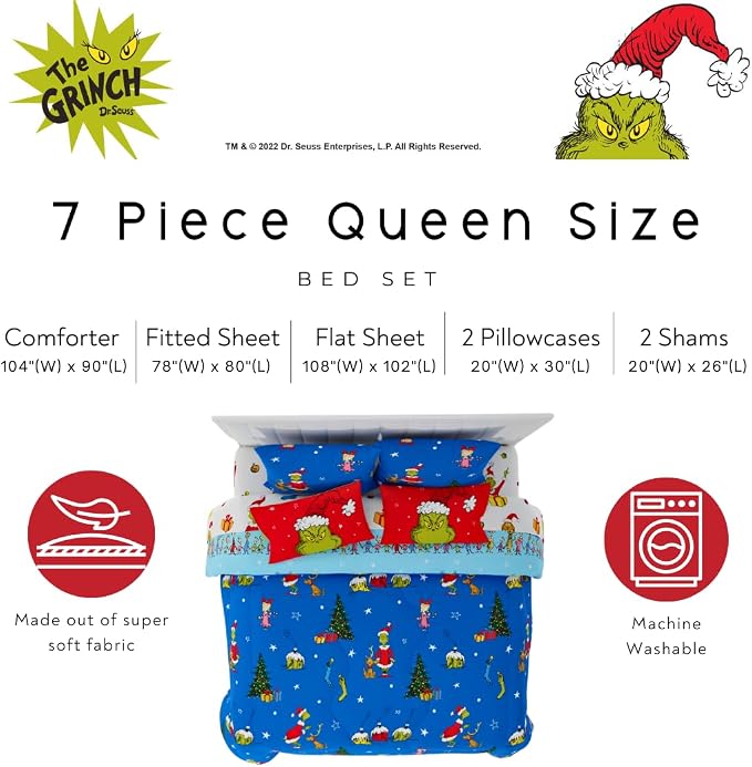 Grinch by Dr. Seuss Holiday & Christmas Bedding Super Soft Comforter and Sheet Set with Sham, 7 Piece King Size (Official Dr. Seuss Product) By Franco