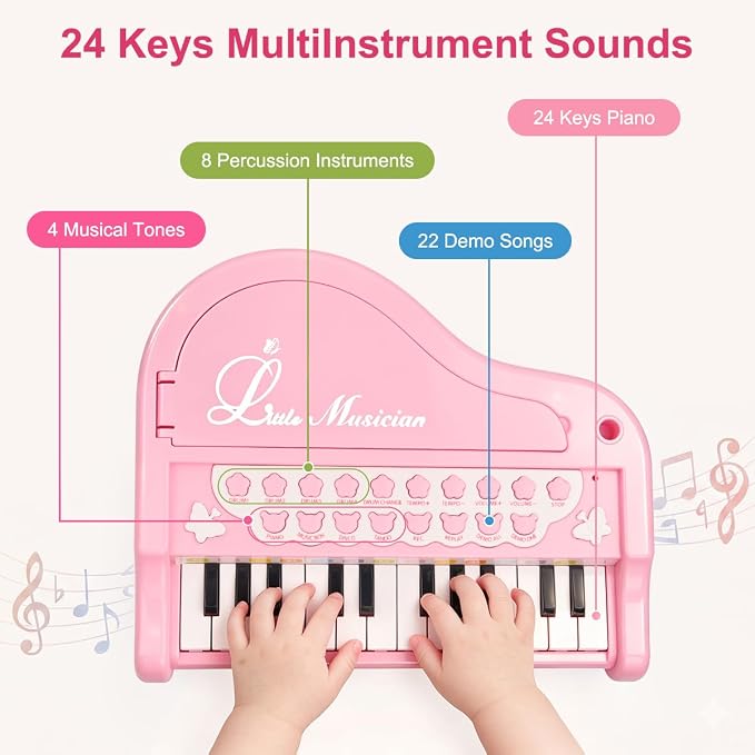 Love&Mini Pink Piano Toys for 1+Years Old Girls First Birthday Gifts Toddler Piano Music Toy Instruments with 24 Keys and Microphone