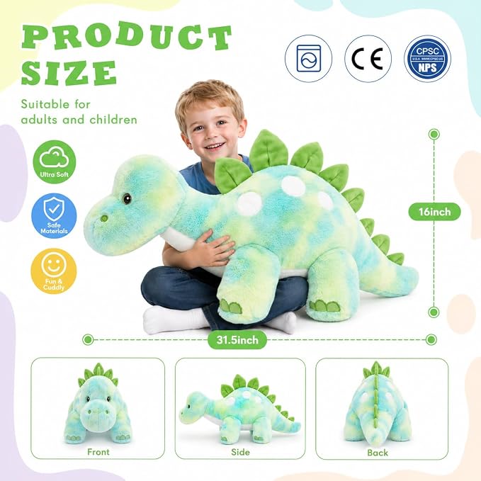 Giant Dinosaur Stuffed Animal for Girls,Large Dinosaur Plush Toys,31.5Inch Big Dino Plushies,Green Cute Stegosaurus Stuffy,Dino Pillow Christmas,Valentine's,Thanksgiving,Easter,Birthday Gifts