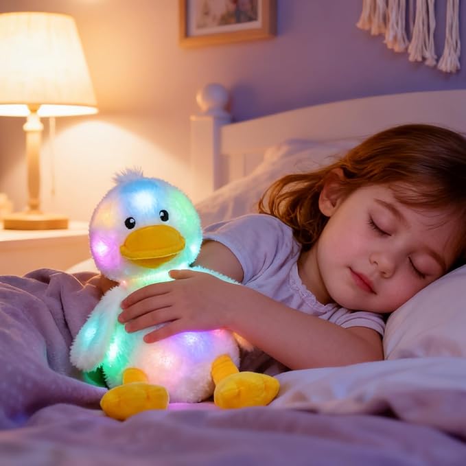 Hopearl Easter LED Plush Duck Light up Stuffed Duckling Farm Animal Floppy Night Lights Glow in The Dark Birthday Gifts for Kids Toddler Girls, White, 12''