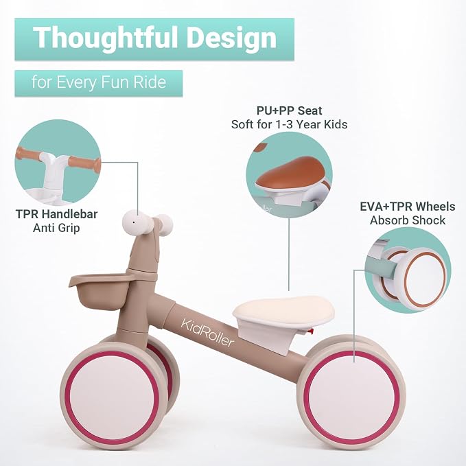 Kid's Balance Bikes for 1 Year Old Boys and Girls, 12-24 Months Toddler Ride-on with Adjustable Seat and a Front Basket, First Birthday Gifts Light Khaki