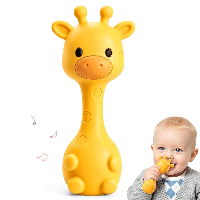 Baby Rattles Teething Toys 3-6 6-12 Month, Multi-Functional BPA-Free Silicone Teether Toys for Teething Relief & Sensory Rattle Play, Perfect Infant Newborn Toys & Baby Gifts (Yellow)