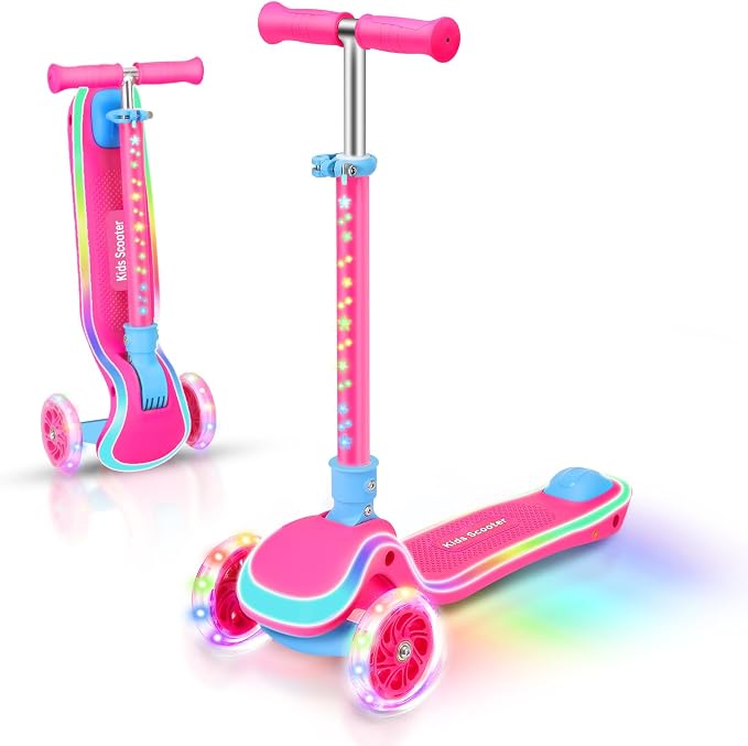 Kids Scooter with Seat, 2 in 1 Kick Toddler Scooter with LED Light-Up Wheels and Light up Deck, 4 Adjustable Heights, Lean to Steer, 3 Wheels Scooter Suitable for Boys & Girls Ages 2-8 Years