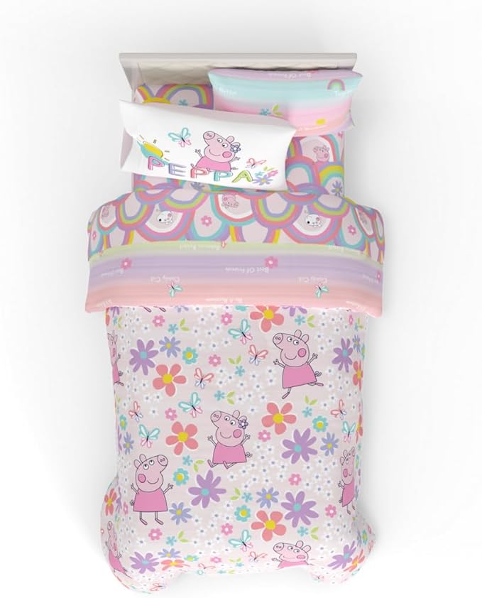 Peppa Pig Kids Bedding Super Soft & Cozy Reversible Microfiber Comforter and Sheet Set with Sham, 5 Piece Twin Size, (Officially Licensed Product) By Franco