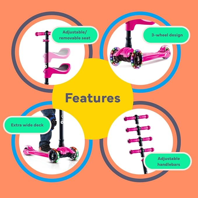 Lascoota 2-in-1 Kids Scooter with Seat - Adjustable Handlebar & 4 Heights Mini Scooter for Kids - LED Light-Up Wheels & Lean-to-Steer - Pink, 21.7 in L x 4.7 in W x 34 in H