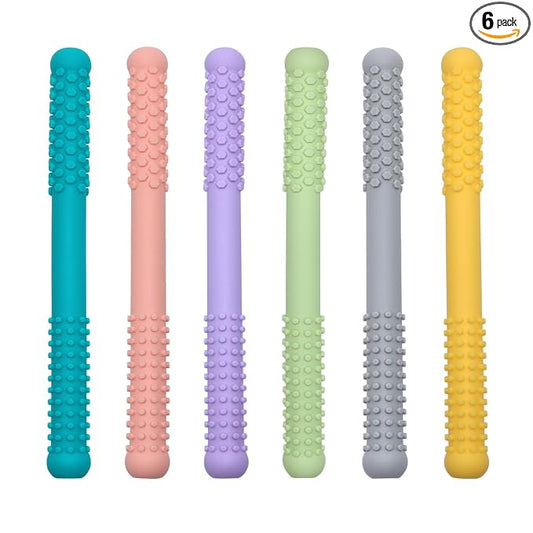 Hollow Teething Tubes Toys for Babies Girls Boys, 6 Pack Silicone Baby Teether Toy Tube for Infants with Nursing Biting Chewing, Chew Straws for Toddlers 6-12 Months (Style B)