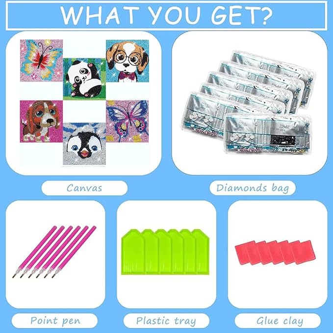 CHWGLFGG 6 Pack Diamond Painting Kits Beginners,5D DIY Diamond Art Kit for Kids 6-8-9-10-12 Girls Boys,Cute Animals Big Gem Art and Crafts,Easy Small Full Drill Painting Kits for Wall Decor 6" X 6"