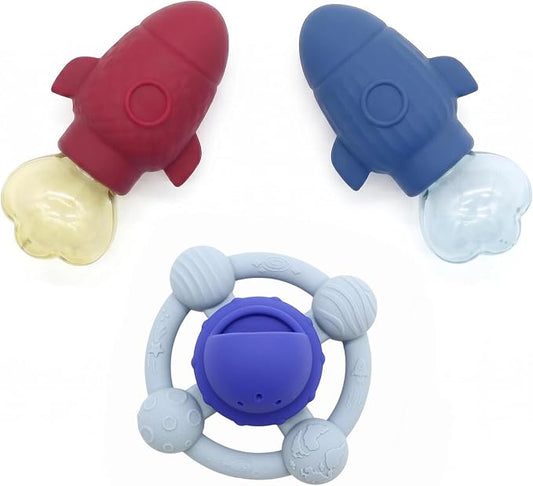 Bath Toys, 3 Pack Rocket & UFO Silicone Toy Set | Rocket squirt toy and spinning UFO bath toy. Soft silicone design for sensory water play, BPA-Free