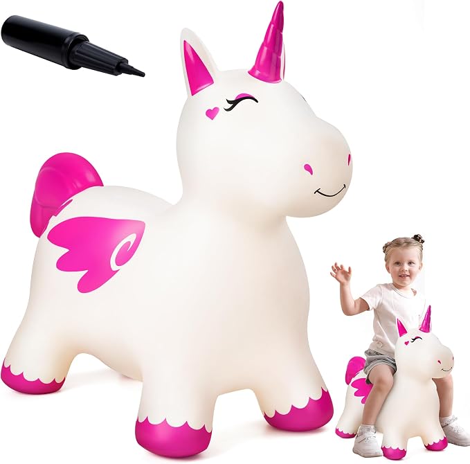 Bouncy Unicorn Hopping Toys for Kids, Inflatable Bouncing Animal Hopper, Outdoor Indoor Ride On Horse Bouncer, Boys Girls Birthday Gift for 18 Months 2 3 4 5 6 Years Old Toddler