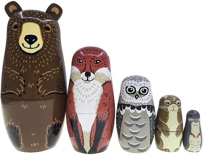 Nesting Dolls-Brown Cartoon Owl Bear Fox Raccoon Russian Nesting Dolls Wooden Matryoshka Doll Handmade Stacking Toy Set 5 Pieces for Kids