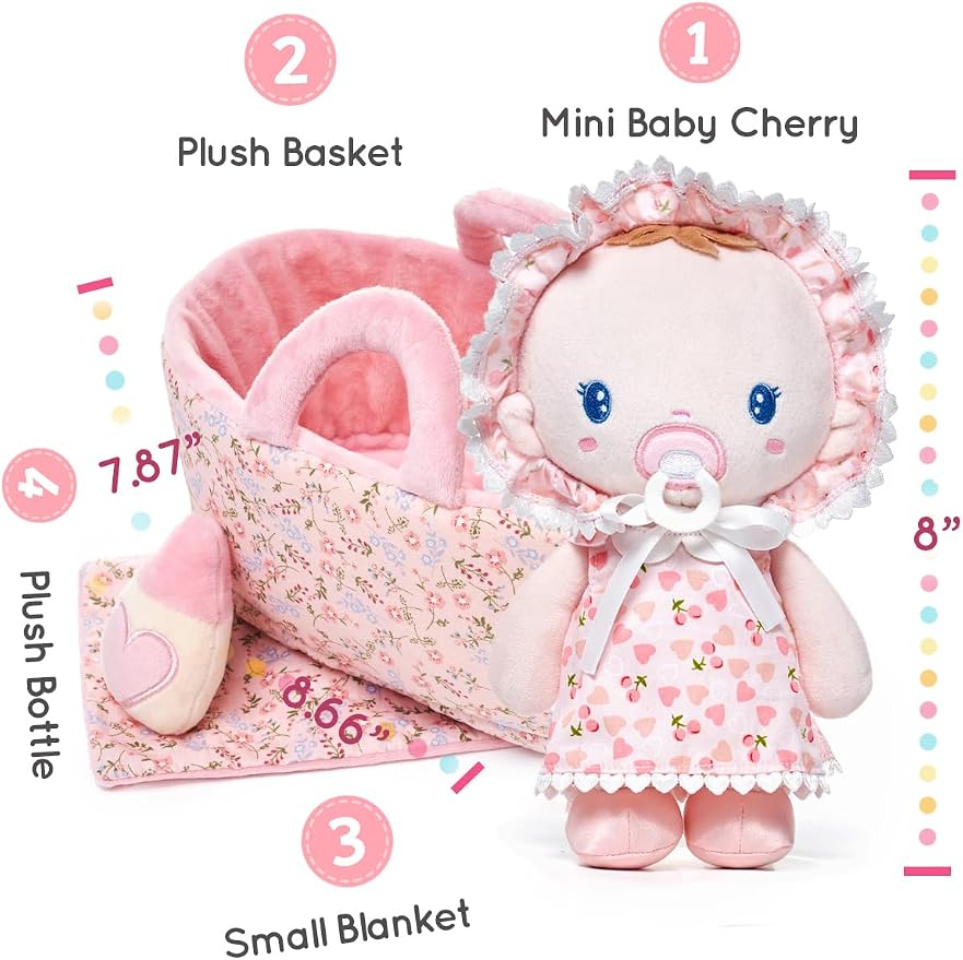 LeyaDoll Soft Baby Doll Gift Set - First Baby Doll Accessories Plush Rag Sleeping Cuddle Buddy Doll Toy Mini Pink Set for Kids Girls (9'') - Cherry Baby