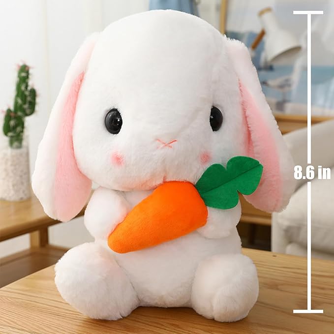 HOUPU Soft Toy - Sitting Lop Eared Rabbit, Easter White Rabbit Stuffed Bunny Animal with Carrot Soft Lovely Realistic Long-Eared Standing Pink Plush Toys (White-Carrot,8.6in/22cm)