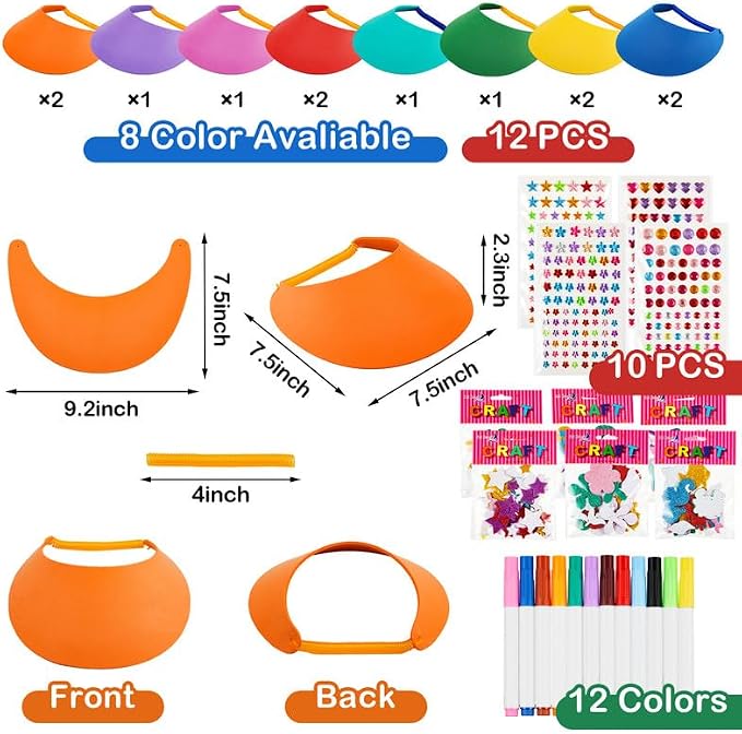 Outus 23 Pcs Assorted Craft Decorations with 12 Foam Visors for Kids, DIY Sun Visor Kit with Stickers & Markers for Arts & Crafts Activities (Bright Color)