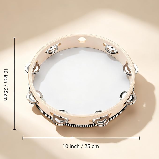 Tambourine for adults 10 inch Hand Held Drum Bell Birch Metal Jingles Percussion Gift Musical Educational Instrument for Church KTV Party (10 inch)