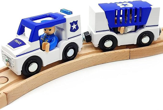 Wooden Train Cars Track Accessories Set Police Car with Light and Sound Small Vehicles Magnetic Train Cars Fit for Wooden Train Track Railway for Boys and Girls (Police Car(with Light and Sound))