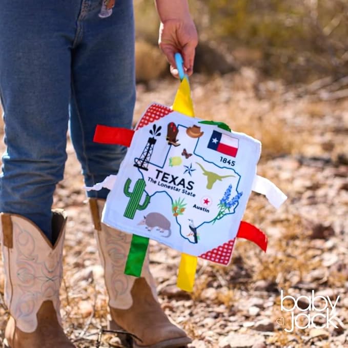 Baby Jack & Co 8x8” Learning Lovey Texas State Tag Stroller Toy for Babies - Crinkle Toys for Developing Five Senses - Learn About Capitals - Travel with Baby Jack - BPA Free Clip