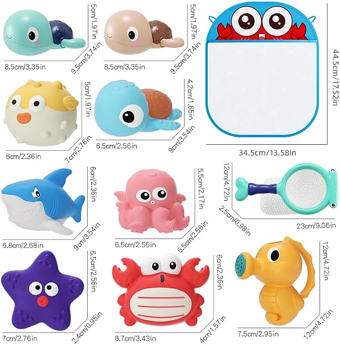 Bath Toy for Toddlers 6-12-18 Months, No-Hole Bathtub Toys with Baby Bath Animals, Wind-Up Turtles, Fishing Net & Storage Bag, Floating Toys for Toddlers 1-3 Year Old Boys Girls (11 Pack)