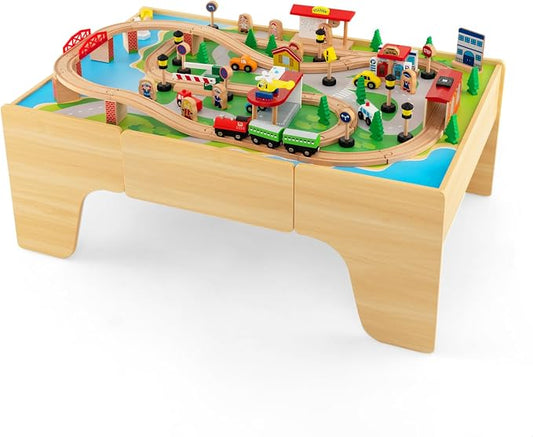 HONEY JOY Train Table, Wooden Kids Activity Table with Storage, 84 Multicolor Pieces, Tracks, Trains, Cars, Toddler Toy Train Table Set w/Reversible Tabletop, for Boy Girl Ages 18 Months+, Natural