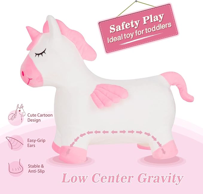 INPANY Unicorn Bouncy Horse Toys, Inflatable Unicorn with Ultra Thick Plush | Soft Washable Cover, Thick PVC, Stable 4-Leg Base, Cute Unicorn, Easy Inflation, Indoor & Outdoor Play, Gifts for 2-4 Kids