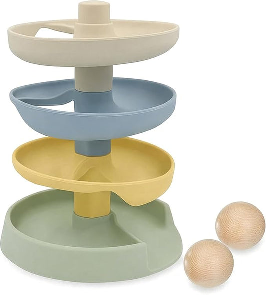 Little Rawr Silicone Ball Drop Tower Toy for Toddlers, 4-Tier Rolling Ramp Track with Wooden Balls, Soft Food-Grade Silicone Montessori Toy for Early Learning, Fine Motor Skill Development, Ages 1–3