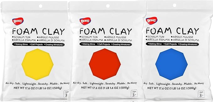 BOHS Air Dry Foam Clay Kit, Primary Colors (Red, Blue, Yellow) – 3 Pack, 3.3 Lbs Total, Squishy & Soft for School Projects, Kids Crafts, Cosplay & Slime Making