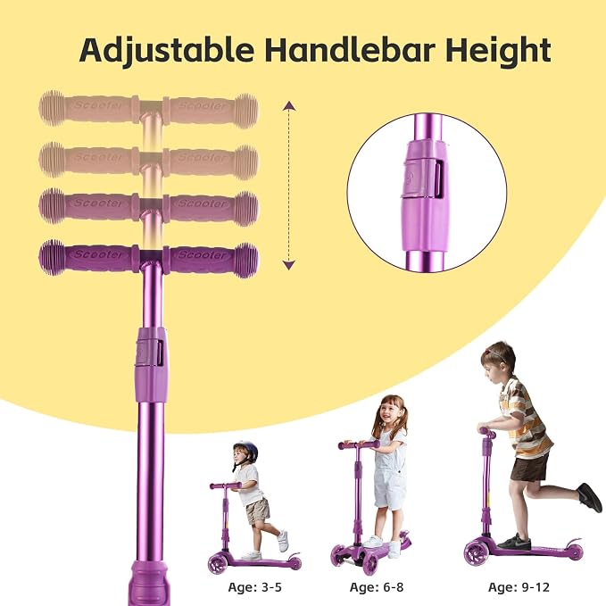 3 Wheel Scooter for Kids Ages 6-12,Kids Scooter with Light Up Wheels, Sturdy Deck Design, and 4 Height Adjustable Suitable for Kid Ages 3-12