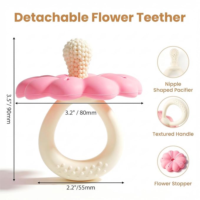 Baby Silicone Flower Teether Pacifier, Nipple-Shaped End Texture for Sucking Needs, Teething Relief, Chew Sensory Toys for Babies 0-6 6-12 Months, Hands-Free Design, BPA Free, Freezable -Pink