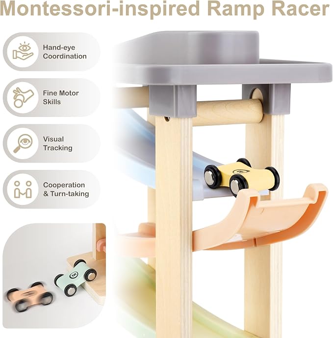 Joyreal Montessori Toddler Toys for 1 2 3 Year Old - 7 Level Wooden Car Ramp Racer Toys with 8 Mini Cars & 2 Garages - Christmas Birthday Gifts for 1-2 Year Old Boys and Girls