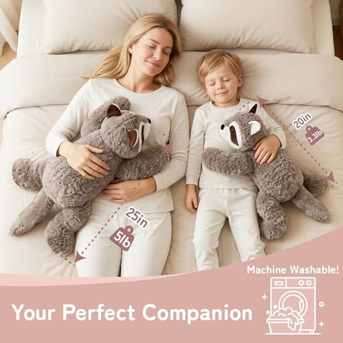 Niuniu Daddy Raccoon Weighted Stuffed Animals for Kids & Adults, 20" | 3.3lb Large Weighted Plushies Pillow for Sleeping and Calming, Cute Lying Plush Toy Huggable Gift for Everyday Comfort