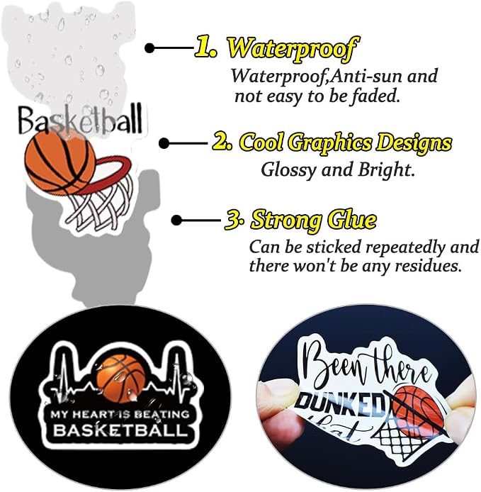 QTL Basketball Stickers for Kids Boys Basketball Party Supplies Waterproof Vinyl Stickers for Water Bottle Laptop 50 Pcs