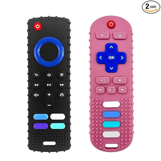 2-Pack Silicone Baby Teething Toys, Fire TV Remote Teethers for 6-12-18 Months Infant, Fire Remote Shape Toddlers Silicone Teethers for Boys and Girls Sensory Toy