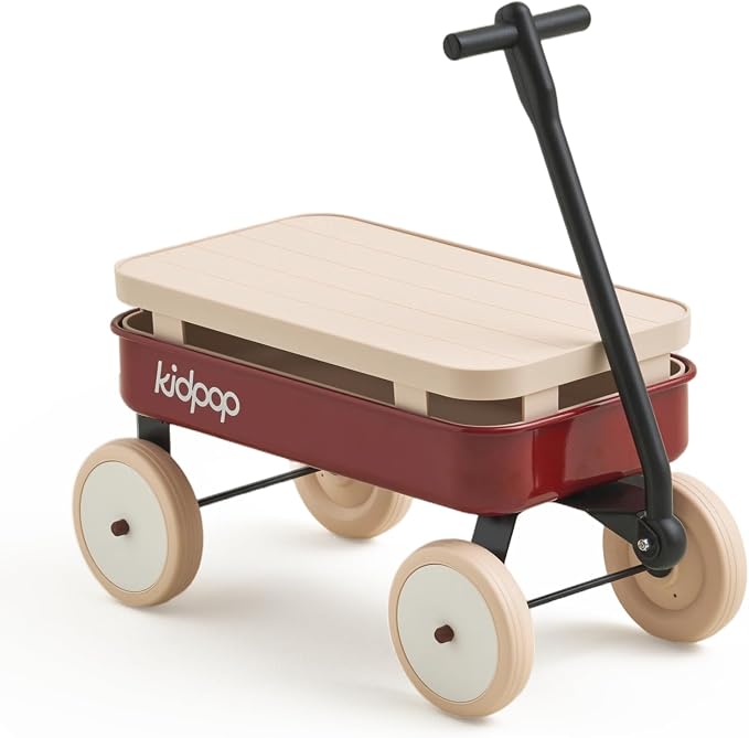 Kidpop Kids First Pull-Along Wagon with Removable Cover and Basket for Storage, 4-in-1 Push Pull Toy Cart for Toddlers, Lightweight (5.5 lbs), 1st Birthday Gift (Red)