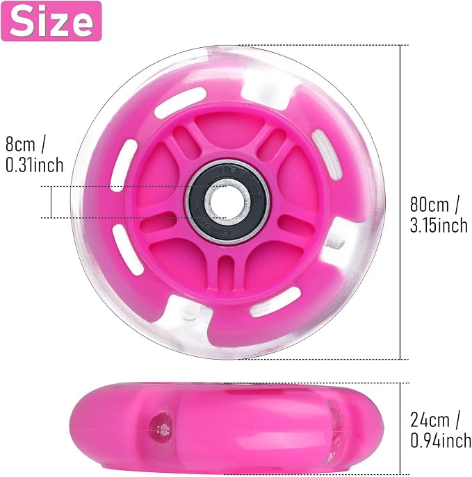 2-Pack Rear 80mm Colorful Flashing 3-Wheeled Kid Scooter Replacement Wheels for Kid Push Kick Scooter (Pink)