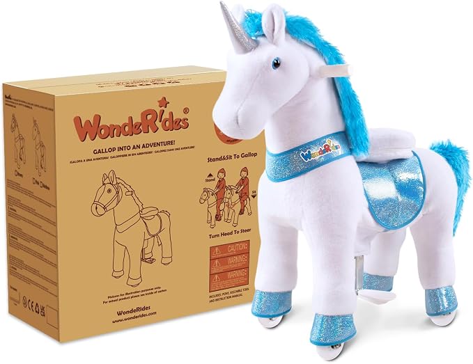 WondeRides Ride on Horse Pony Unicorn Riding Horse Toys Pony Rider Rocking Horse, 30.1 inch Height Plush Walking Animal Mechanical Rocking Horse with Wheels (Blue-White, Size 3 for Age 3-5) M331-1