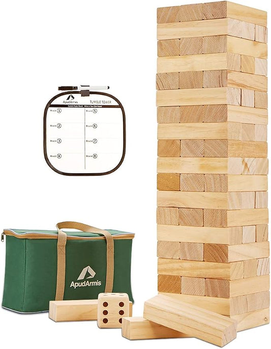 ApudArmis 60 PCS Tumble Tower, (Stack up to 5Ft) Pine Wooden Stacking Timber Game with 1 Dice Set - Classic Block Outdoor Game for Teens Adults Family