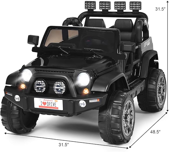 Costzon 2-Seater Ride on Truck, 12V Battery Powered Electric Vehicle Toy w/Storage, Remote Control, 3 Speed, LED Lights, MP3, Horn, Music, 2 Doors Open, Spring Suspension, Ride on Car for Kids(Black)
