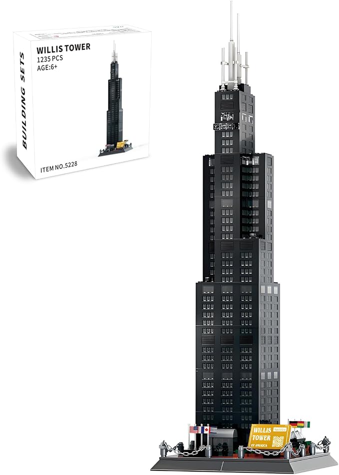 Willis Tower Chicago Architecture Building Block Set 1235 Pcs Famous City Skyline Landmark Model Kit Tall Skyscraper Construction Toy for Adults & Teens Home Office Desk Decor Display Gift